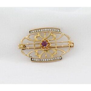 10k Yellow Gold Pink Cubic Zirconia & Seed Pearl Pin Antique Victorian